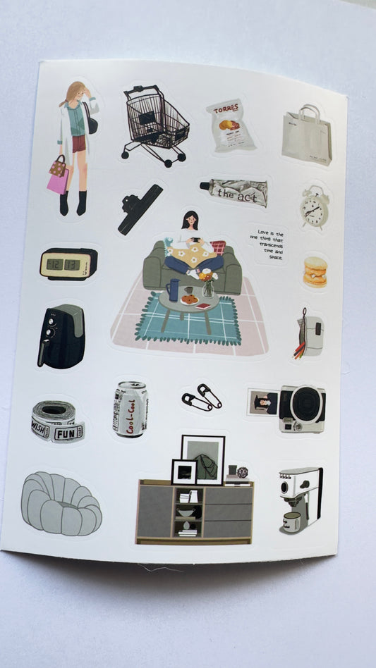 DAILY LIFE ILLUSTRATION STICKER SHEET- GREY